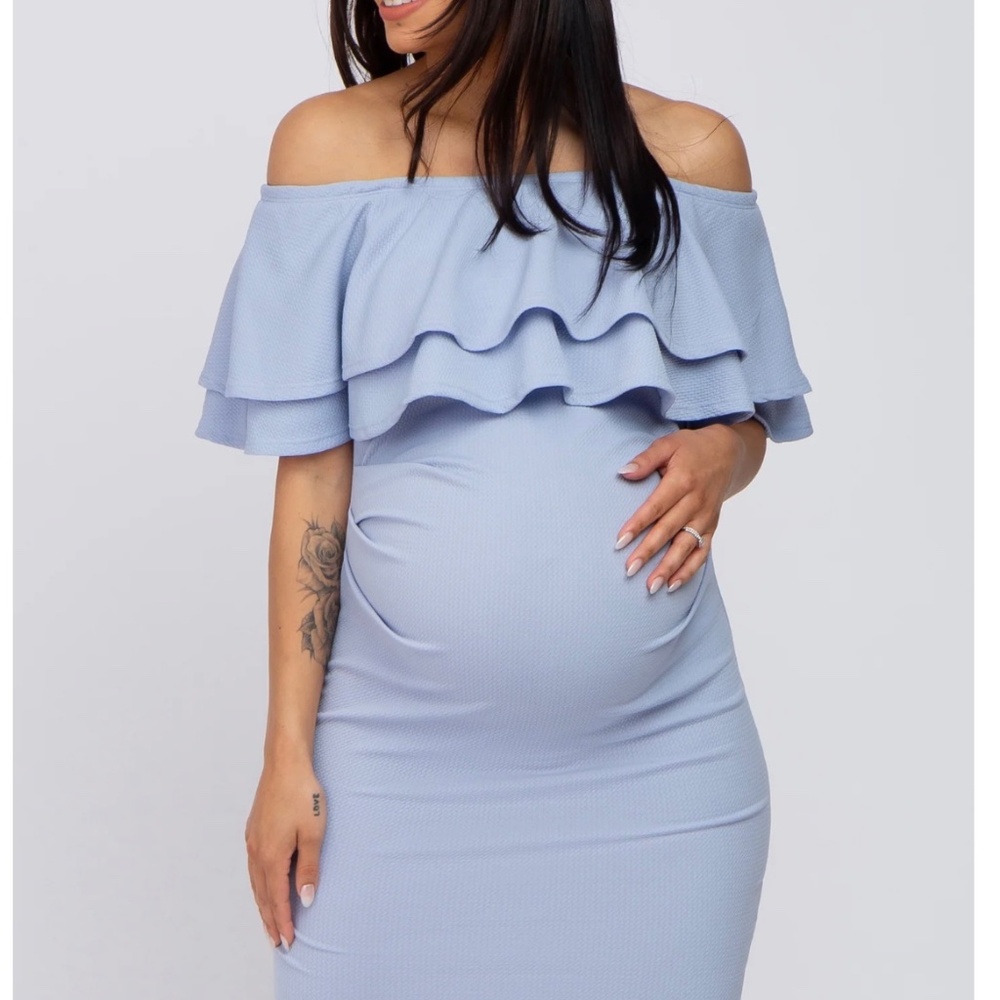 Light Blue Ruffle Off Shoulder Ruched Maternity Dress - Picture 2 of 5